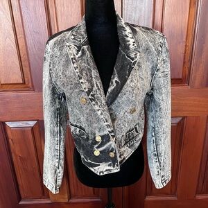 Vintage Prezzia Black Acid Wash 1980's Retro Denim Cropped Double Breast Jacket